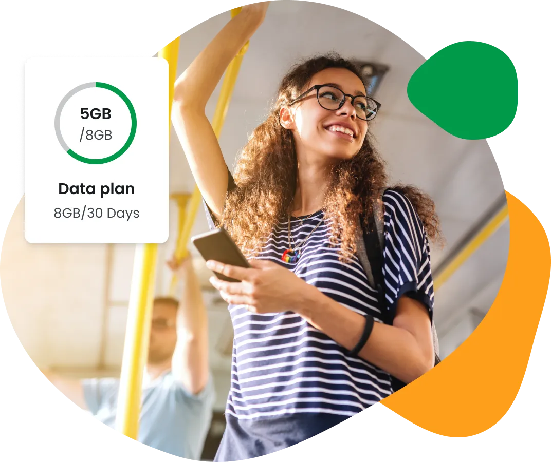 Student using phone with eSIM card while riding public transport